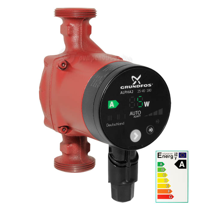 Grundfos Alpha2 25-40 Niedrigenergiepumpe mit Autoadapt Funktion inkl. Alphastecker und Dichtungen