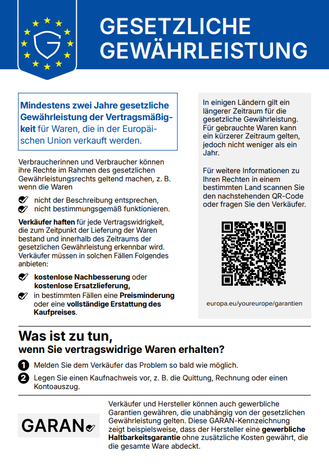 Hinweis zur gesetzlichen Gew&auml;hrleistung: mindestens zwei Jahre gesetzliche Gew&auml;hrleistung f&uuml;r in der EU verkaufte Waren